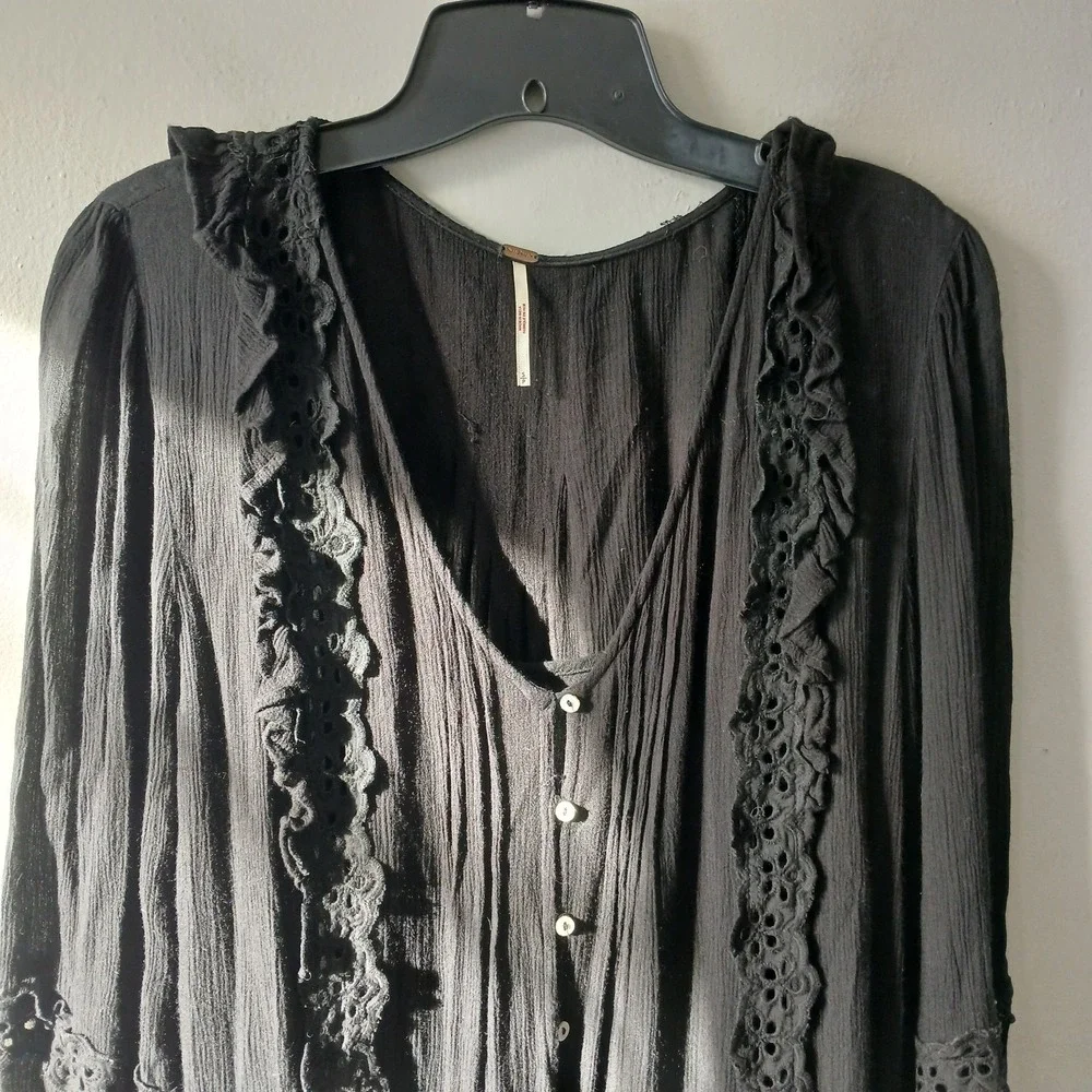 Free People Size Small Snow Angel Mini Dress Black Long Sleeve‎ Bohemian Slip - Picture 2 of 13